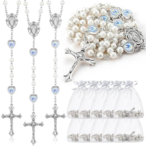 ROCEEI Pearl Rosary Beads Necklace with Crucifix Cross | 6 mm Glass Pearl Beads, Catholic Rosaries in Bulk, Medal Center, Organza Bag, Baptism First Communion Gifts