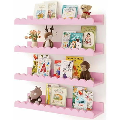 Nursery Book Shelves, 4-Pack White Floating Shelves for Wall Kids, Scalloped Shelves, Wall Book Shelves for Bedroom Kids, Toddler Room, Baby Room, Nursery Decor(Pink, 16.5 Inches)