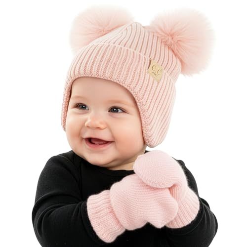 Funky Junque Baby Double Faux Fur Pom Pom Beanie & Mittens Set – Newborn Infant 0–9 Months Winter Hat with Soft Lined Mittens