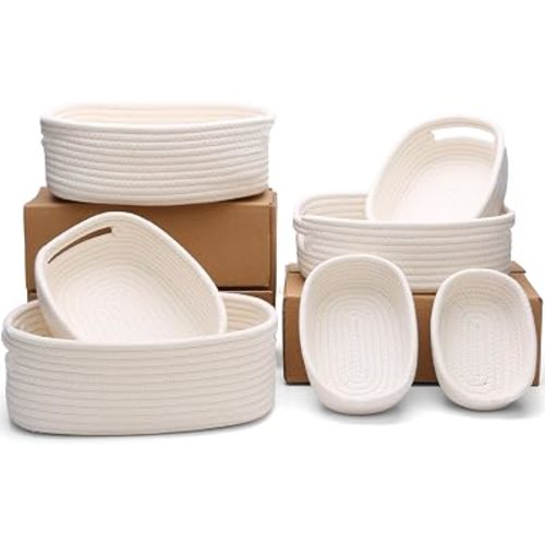 7 Piece Cotton Rope Woven Basket Set - Small Basket for Baby Nursery, Pets, Montessori, Dog & Cat Toy Boxes, Bathroom Organization Bins (White)