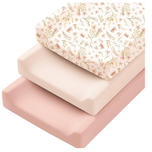 Konssy 3 Pack Stretchy Changing Pad Covers for Girl, Boy, Silky Soft Changing Table Cover, Breathable Baby Nursery Diaper Chang Pad Sheets (Pink Spring)
