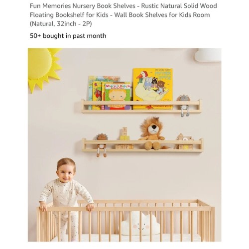 Fun Memories Nursery Book Shelves Set of 2 - Rustic Natural Solid Wood Floating