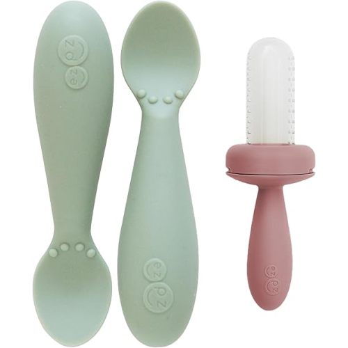 ezpz Baby Feeding Bundle – Tiny Spoon (2-Pack, Sage) + Gumline Feeder (Sage) – 100% Silicone Baby-Led Weaning Set for 4–6+ Months – Infant Feeding Essentials