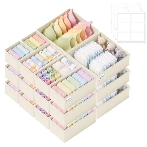 Drawer Organizer Storage for Clothes, Socks, 21 Pack, Beige | Fabric Dresser Dividers Storage Bins Flat Bottom Board for Bedroom Wardrobe Nursery， Clothes Socks Underwear