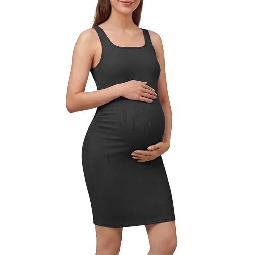 G4Free Ribbed Maternity Dress Midi Square Neck Sleeveless Pregnancy Tank Bodycon Clothing Casual