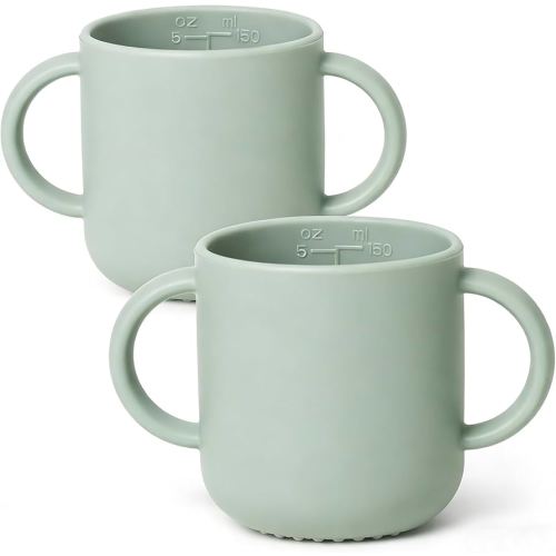 ROCCED Silicone Training Cup for Infants 2 Handles, Toddler Learning Cup Baby Drinking Open Cups Easy Grip Handles Toddler Cup for 6 Months+ 150ml/5oz-Sage