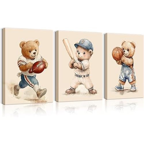 3 Pcs Nursery Bear Wall Art Boys Sports Canvas Wall Decor Vintage Cute Animal Poster Prints Kids Room Painting Pictures for Living Room Bedroom Ready to Hang (12x16in Canvas)