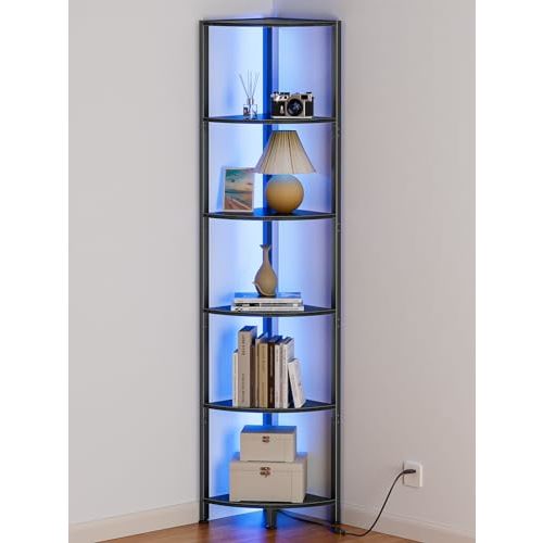 Furnulem 6 Tier Corner Shelf with LED Light, 67.5" Black Narrow Bookshelf | Tall Standing Shelf Organizer, Storage Rack for Wall Corner, Living Room, Bedroom, Metal Frame, Wood Display Shelf