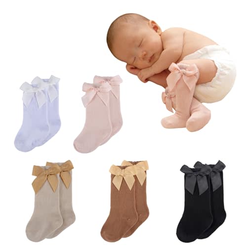 Newborn Knee High Socks Girl with Satin Bow Toddler Girl Dress Sock Infant Gift Sock Cute Ruffled Baby Girl Long Socks
