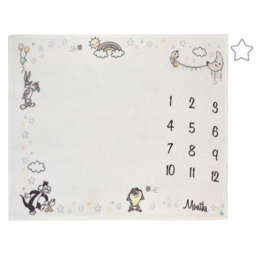 Warner Brothers Looney Tunes Best Buds White with Pastel Blue, Pink, and Yellow Milestone Blanket