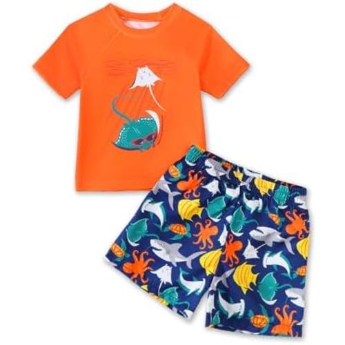 NZRVAWS Toddler Baby Boy Swimsuit 2 Piece Rash Guard Set Short Sleeve Shirt Boys Swim Trunks Kids Bathing Suit Swimwear
