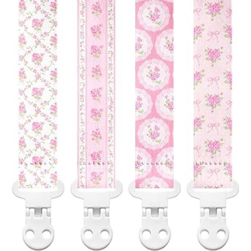 Stadela Baby Fabric Pacifier Clip Holder, Plastic Clip, 4‑Pack, Floral Pattern, Juliette Set