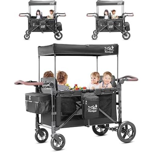 4 Seater Wagon Stroller,Foldable All-Terrain Quad Wagon Stroller with Canopy,Detachable Tray,Adjustable Handle, High Seat & Large Storage,Black