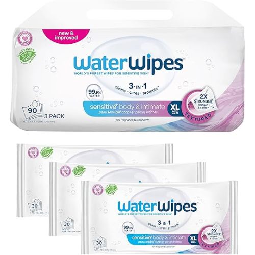 WaterWipes Sensitive+ Body & Intimate Wipes, 3-In-1 Cleans, Cares, Protects, 99.9% Water, Unscented & Hypoallergenic Hygiene Wet Wipes, Adult Care, 90 Wipes (3 Packs)