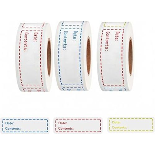 Freezer Labels 375pcs - 3"x1" Self-Adhesive Removable Food Labels | Write-On Waterproof & Oil-Proof Tape for Containers, Meal Prep & Pantry Organization (3 Rolls, 3 Colors)