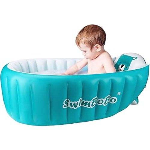 Swimbobo Inflatable Baby Bath Tub Portable Foldable Travel Mini Swimming Pool Helps Infants to Toddler Tub (Blue)