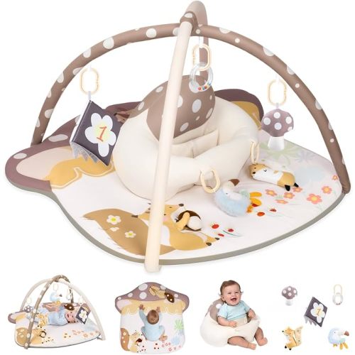 suihuooo 3-in-1 Baby Play Mat & Baby Seats for Infants for Sitting Up, Tummy Time Gym Activity Mat with 5 Detachable Toys, for Babies 0-6-12-18 Months, Newborn Babies Shower Gifts(Khaki)
