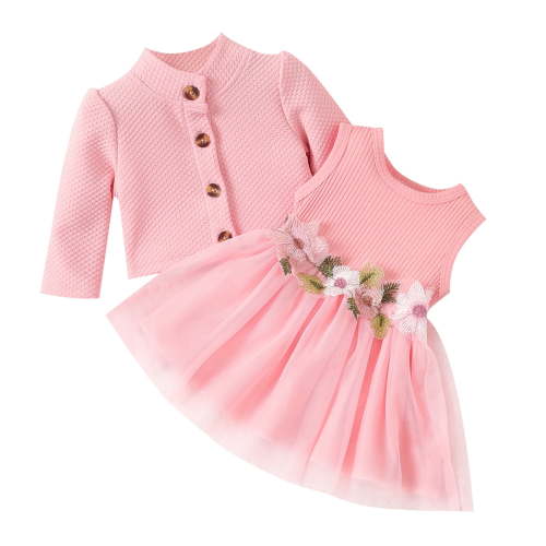 PatPat Baby Girl Dresses Long Sleeve Jacket and Floral Decor Mesh Panel Tank Dress Set, 9-12 Months