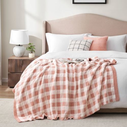 Snuggle Sac Ultra-Soft Microfiber Knit Throw Blanket, Reversible Checkered Design