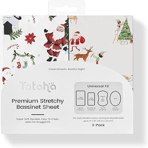 Christmas Bassinet Sheets Fitted, Buttery Soft Baby Bassinet Sheets for Girls and Boys- Stretchy Microfiber Bedside Bassinet Sheets 2-Pack, Santa Claus, Reindeer, X-mas Elf