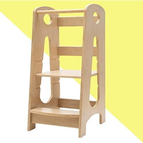 KATARUS Kitchen Step Stool for Kids and Toddlers with Safety Rail Children Standing Tower for Kitchen Counter, 3 Heights Adjustable Step Up Stool Mother's Helper, Solid Wood Construction, Natural