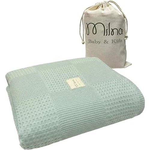 Milna Baby 100% Cotton Waffle Blanket for Boys & Girls, 100x120 cm Breathable Muslin Baby Blanket for Crib, Stroller & Swaddle, Soft Lightweight Toddler Receiving Blanket, (Mint)