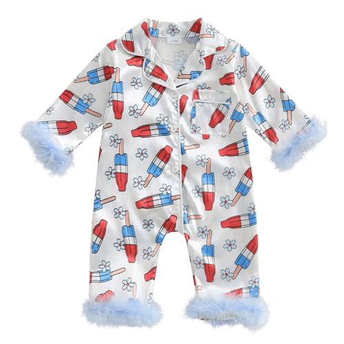 woshilaocai Baby Girl Button Down Romper Bow Strawberry Fuzzy Cuff Long Sleeve Jumpsuit Spring Summer Clothes