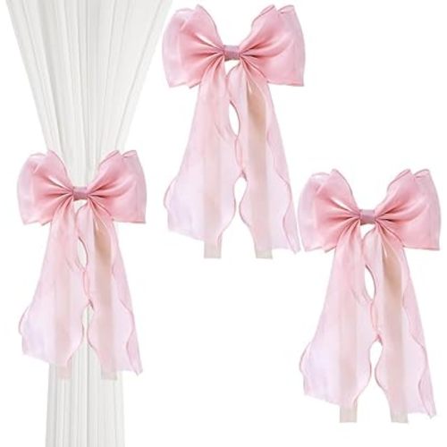 2PCS Bowknot Curtain Tiebacks Lace Ribbon Bowknot Curtain Straps French Bow Ties Rope Holdbacks Accessories for Home Bedroom Offices Dining Rooms Wedding Party Decoration(Pink)