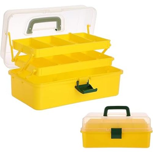 BTSKY 3-Layer Plastic Dividing Storage Box Craft Organizer with Adjustable Spacers Portable Handled Art Supply Organizer Multipurpose Home Utility Box for Sewing (Yellow+Green)