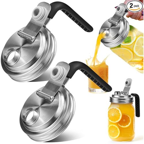 Mason Jar Pour Spout Lid Stainless Steel with Handle, Wide Mouth Pour Spout Flip Cap Lids for Mason Jars, Anticracking Leak Proof Seal Cover Airtight for Drinking Salad Dressing & Food Storing(2PCS)