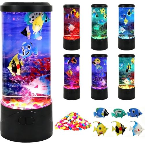 Toycol Bubble Fish Lamp,Artificial Aquarium Lamp with 7-Color Changing,Sensory Bubble Tube Light with 6 Fake Fish Moving,Mood Night Light,Great Gift for Family & Friends, Decor for Home Office Bedroom
