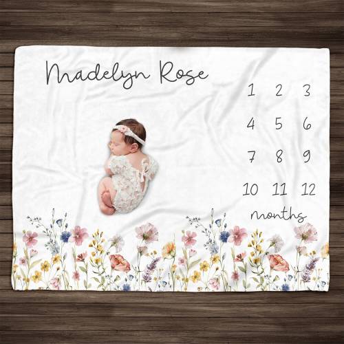 Personalized Wildflower Baby Milestone Blanket: Vintage Botanical Fleece