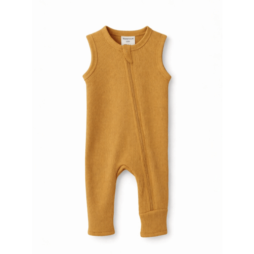 Organic Waffle Sleeveless Zip Romper, Honey