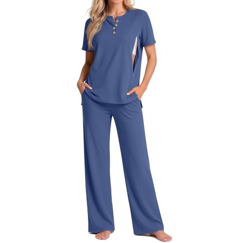 Women Maternity Nursing Set | Postpartum, Breastfeeding, Pregnancy, 2 Piece, Short Sleeve, Zipper, Henley Shirts, Wide Leg Pants, Clothes, Lounge, Outfits