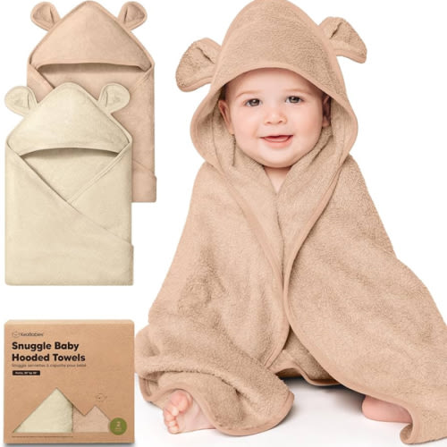 KeaBabies 2-Pack Hooded Baby Towels for Newborn - 30x30 Soft & Absorbent Viscose from Bamboo Baby Bath Towels with Hood for Infant, Toddler,Kids,Boys Girls,Newborn Bath Essentials (Almond, Petite)
