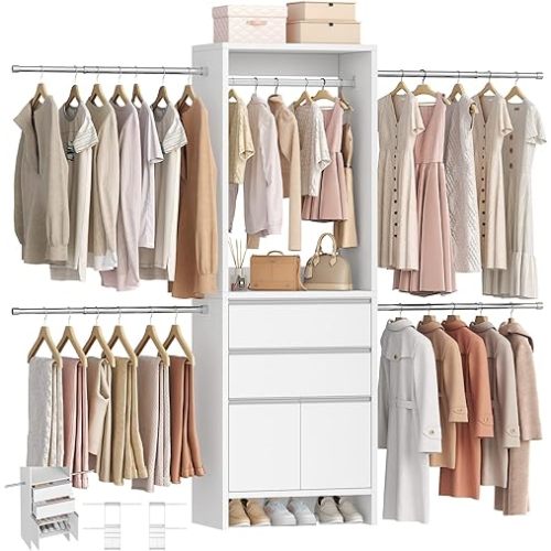 Closet System with 4 Hang Rods, Walk-in Closet Organizer System Wooden Storage Systems with 2 Drawers & Shoe Cabinet, Wardrobe Clothes Rack Garment Rack Fits Spaces 4-9.8FT, White MC00103E