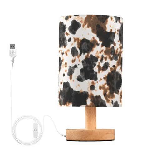 Bedside Table Lamp Cow Tie Dye Print Nightstand Lamp with Wood White Black Brown Animal Skin Desk Lamps for Bedroom Living Room Nursery Office Home Decor