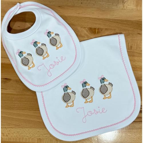 Personalized Baby Bib, Burp Cloth or gown: Embroidered Mallard Duck Design, Organic Cotton Newborn Layette