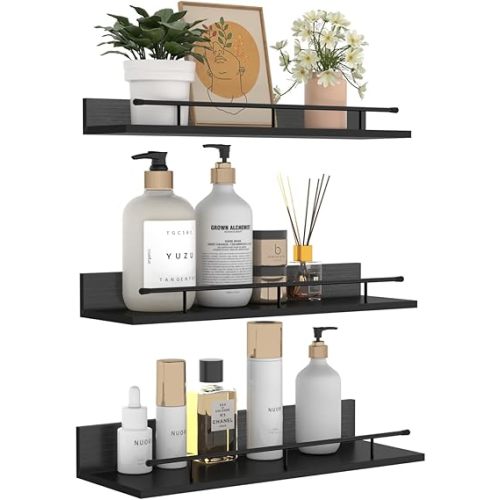 Giftgarden 16 Inch Black Floating Shelves with Black Metal Guardrail, Wood Shelves for Wall Storage Set of 3, Wall Shelf for Bathroom Bedroom Living Room Kitchen Nursery