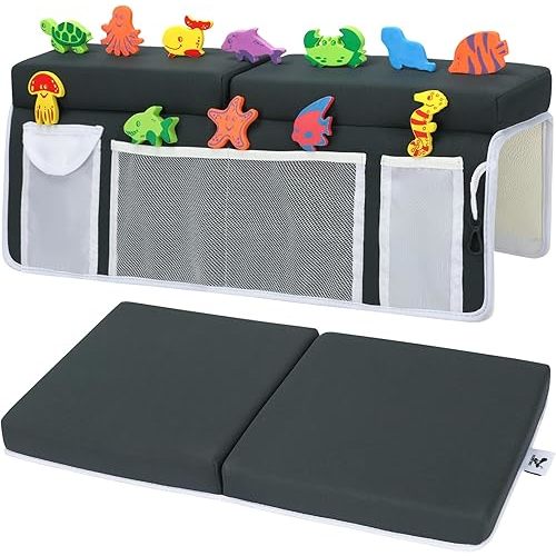 Extra Thick Baby Bath Kneeler and Elbow Rest Pad Set – Cushioned Bath Tub Kneeling Pad for Knees & Elbows During Bath Time, Non-Slip, 5 Organizer Pockets, Mom’s Choice Award Winner–Supa Ant (Charcoal)