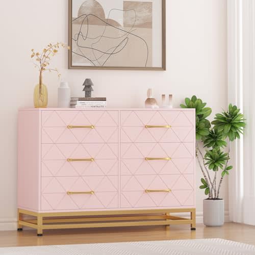 GarveeHome Pink Dresser for Bedroom with 6 Drawers, Wood Chest of Drawers, TV Stand, Morden Dresser for Closet, Living Room, Hallway, Nursery