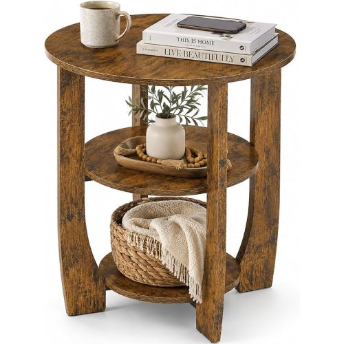 Round Side Table, 3-Tier End Table with Storage, 19.7 inch Rustic Brown Accent Table,Nightstand for Bedroom Living Room, Vintage Design for Couch, Sofa, Recliner, Small Space