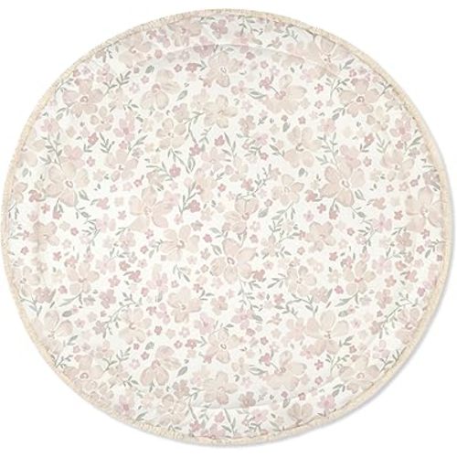 MakeMake Organics Organic Play Mat GOTS Certified Organic Cotton Nursery Floor Rug Washable Reversible Non Toxic Activity Mat Tummy Time Crawling Pad Thick Quilted (Round 48", Blossom)