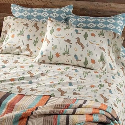 Rod's Southwest Desert Western Icon-(Sheet Set)-4 Piece Queen Sheet Set-Green Blue Rust-Top Sheet (92x102in)-Fitted Sheet (60x80x15in) Two Pillow Case (20x30in)-Cotton