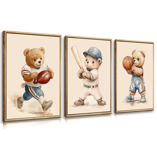 3 Pcs Nursery Bear Wall Art Boys Sports Canvas Wall Decor Vintage Cute Animal Poster Prints Kids Room Painting Pictures for Living Room Bedroom (12x16in Poster)