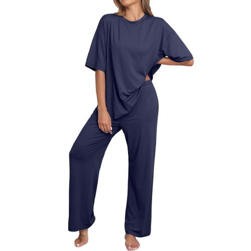 MINTREUS Lounge Sets for Women Knit Short Sleeve Tops and Long Pants Soft Comfy Pajamas Set Oversized 2 Piece Outfits S-4X