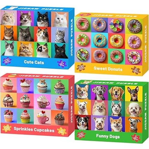 4 Packs 100 Piece Puzzles for Kids Ages 4-6 6-8 8-10, Dogs Cats Cupcakes Donuts Educational Jigsaw Puzzles, Kids Puzzles 4-6 Gifts for Girls Boys