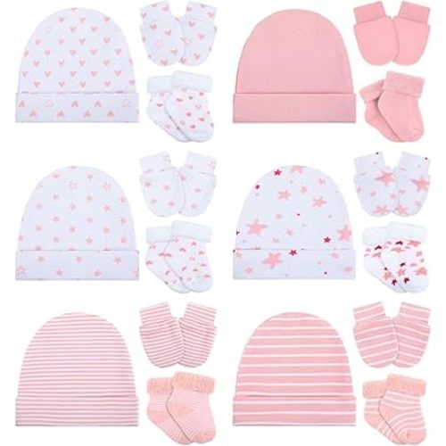 Toulite 6 Pack Preemie Newborn Hats Mittens and Socks Set Cotton Beanie Hats Socks and No Scratch Mittens