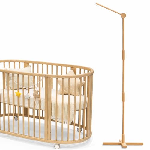 Crib Mobile Arm Wooden Floor Standing - 61 Inches Mobile Arm for Crib|Movable Baby Mobile Hanger|Strong Anti-Dumping Attachment|Natural EU Beech Wood|Thicker Pole|Boho Nursery Decor