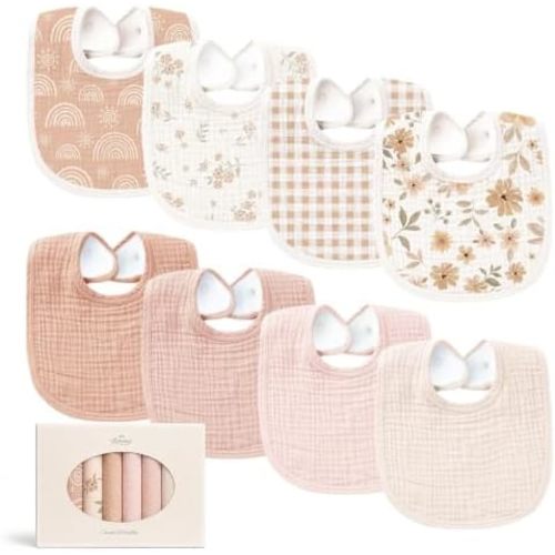 Konssy 8-Pack Muslin Baby Bibs, Adjustable Fit for Drooling and Teething